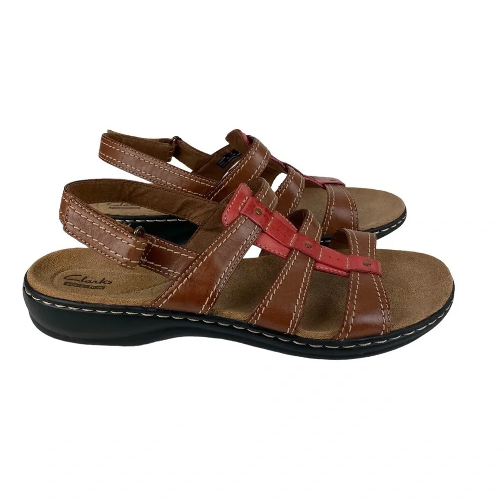 Clarks Brown Leather Sandals Slingback Pink  Women’s Size 12 Hook Loop Adj